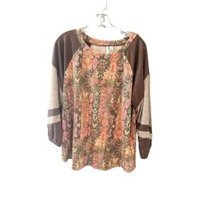 Cato Womens XL Paisley Patchwork Ribbed Waffle Knit Mixed Media Boho Top Brown